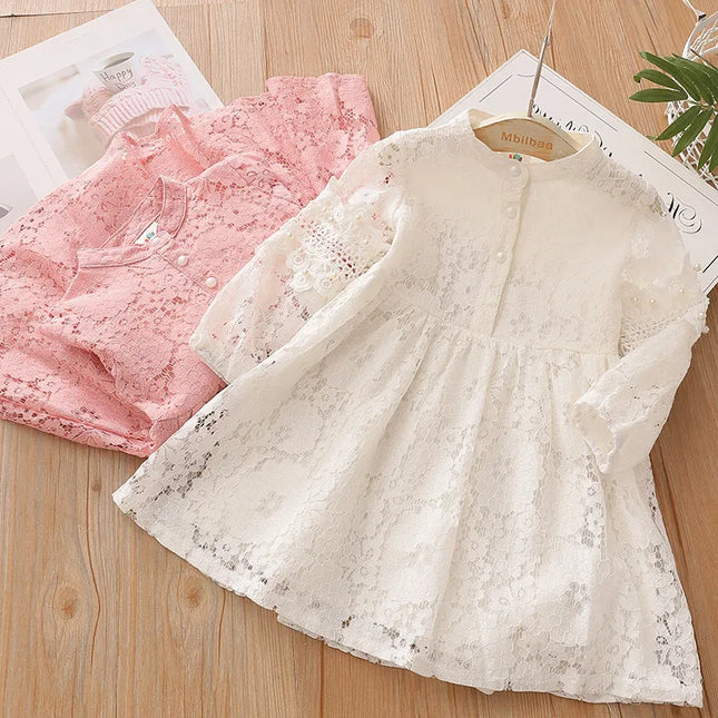 Babies outfit  Spring Autumn 3 4 6 8 10 to 12 Years Child England Style Princess Pearl Lace Knee Length Kids Baby Girl Long Sleeve Dress