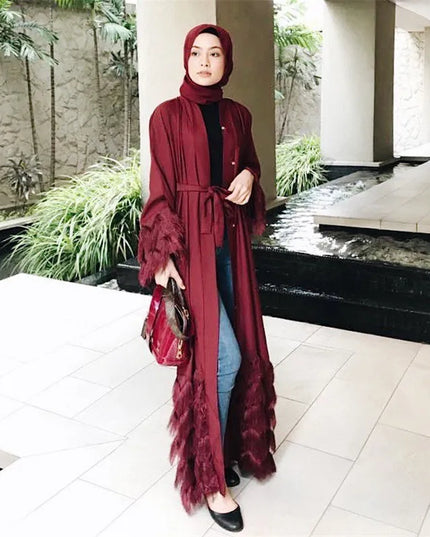 Abayas Elegant Muslimah thicker fabric lace abaya Turkish full length  Dubai female lace sleeve Islamic dress wq1333 dropship