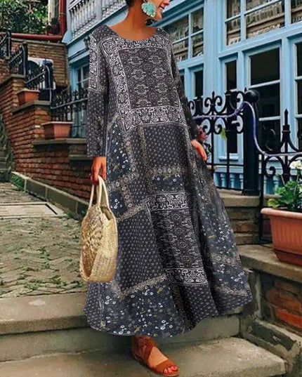 ZANZEA Women Autumn Vintage Floral Printed Long Dress Cotton Linen Sundress Robe Femme Long Sleeve Loose Maxi Vestido