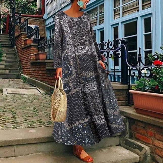 ZANZEA Women Autumn Vintage Floral Printed Long Dress Cotton Linen Sundress Robe Femme Long Sleeve Loose Maxi Vestido