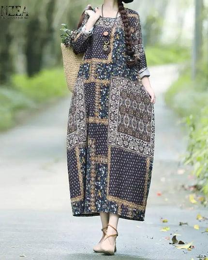 ZANZEA Women Autumn Vintage Floral Printed Long Dress Cotton Linen Sundress Robe Femme Long Sleeve Loose Maxi Vestido