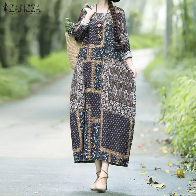 ZANZEA Women Autumn Vintage Floral Printed Long Dress Cotton Linen Sundress Robe Femme Long Sleeve Loose Maxi Vestido