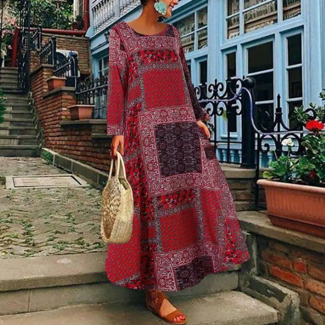 ZANZEA Women Autumn Vintage Floral Printed Long Dress Cotton Linen Sundress Robe Femme Long Sleeve Loose Maxi Vestido