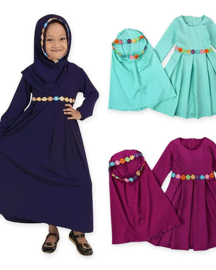 Kids outfits Muslim Girl Long Sleeve Dress Children Clothing Sets Baby Girl Dress+Scarf Party Wedding Dress Muslim Sets