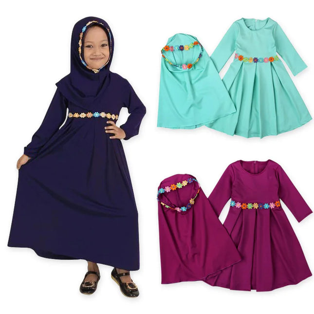 Kids outfits Muslim Girl Long Sleeve Dress Children Clothing Sets Baby Girl Dress+Scarf Party Wedding Dress Muslim Sets