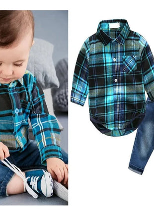 Babies Outfits 2Piece/Spring Autumn New Born Baby Clothes Suits Gentleman Jumpsuit Fashion Plaid Rompers+Pants Infant Boys Clothing Sets BC1328