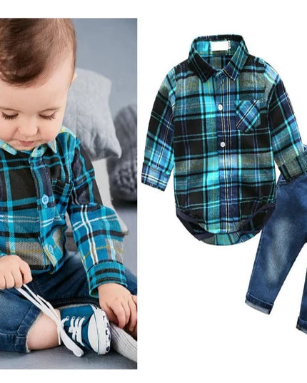 Babies Outfits 2Piece/Spring Autumn New Born Baby Clothes Suits Gentleman Jumpsuit Fashion Plaid Rompers+Pants Infant Boys Clothing Sets BC1328