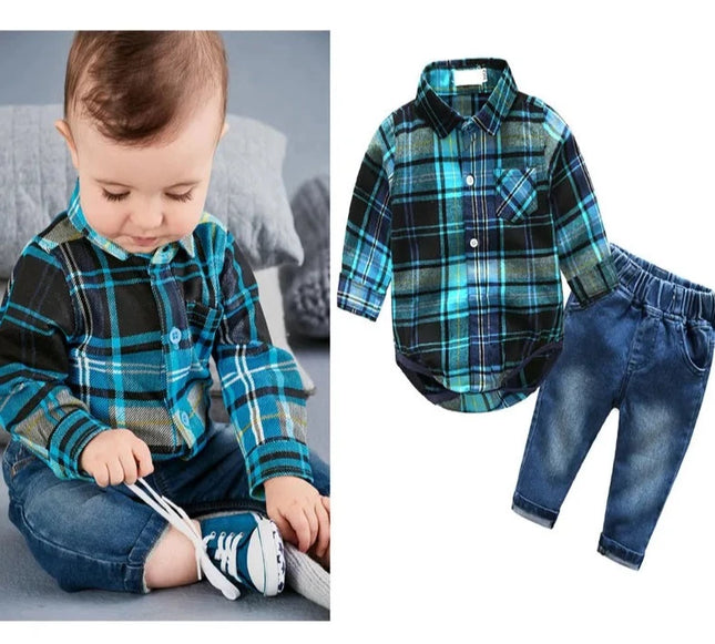 Babies Outfits 2Piece/Spring Autumn New Born Baby Clothes Suits Gentleman Jumpsuit Fashion Plaid Rompers+Pants Infant Boys Clothing Sets BC1328