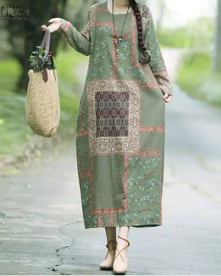 ZANZEA Women Autumn Vintage Floral Printed Long Dress Cotton Linen Sundress Robe Femme Long Sleeve Loose Maxi Vestido