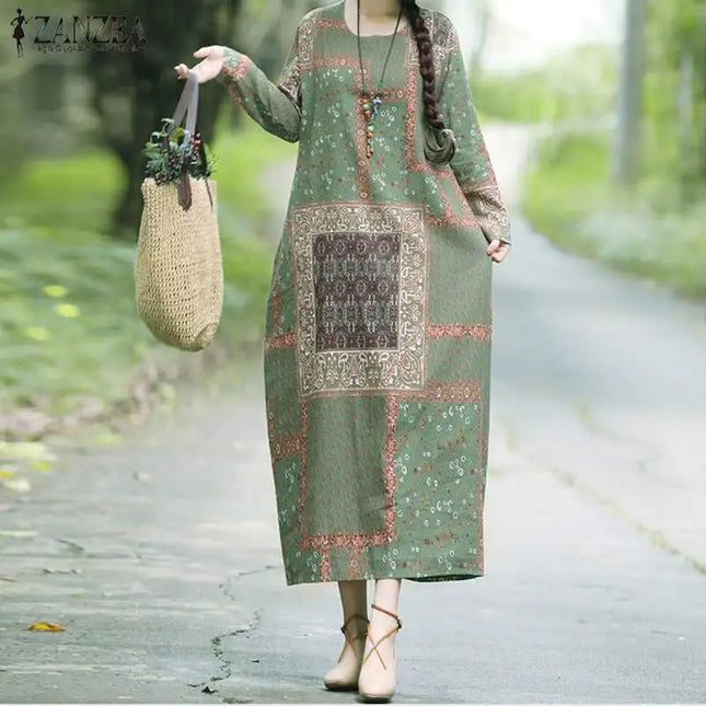ZANZEA Women Autumn Vintage Floral Printed Long Dress Cotton Linen Sundress Robe Femme Long Sleeve Loose Maxi Vestido
