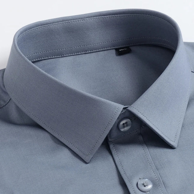 Men's Fashion Bamboo Fiber Long Sleeve Dress Shirts Pocket-less Design Standard-fit Formal Business Casual Easy Care Shirt