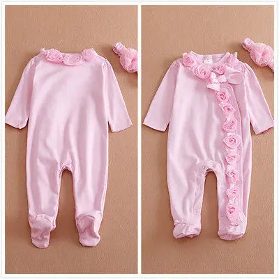 Babies Outfits  0~7M Long Sleeve Newborn Baby Girls Romper Jumpsuit Clothes Outfits Set Headband attached