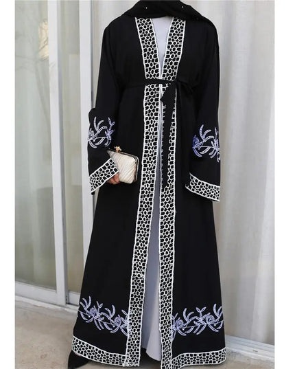 Abaya Middle East Islamic Dubai stitching Lace Embroidered Cardigan Duabi Middle East Fashion Kimono Moroccan