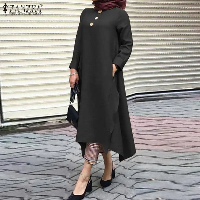 Tunic Vintage Women's Irregular Sundress 2023 Autumn Abaya Midi Dress Long Sleeve Vestidos Muslim Female Solid Button Robe