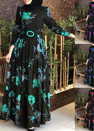 Dress Women Long Sleeve Muslim Abaya Dress Ethnic Floral Print Belt Maxi Kaftan Robe Satin Corset Long Sleeve Dresses