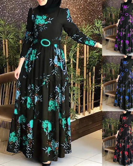 Dress Women Long Sleeve Muslim Abaya Dress Ethnic Floral Print Belt Maxi Kaftan Robe Satin Corset Long Sleeve Dresses