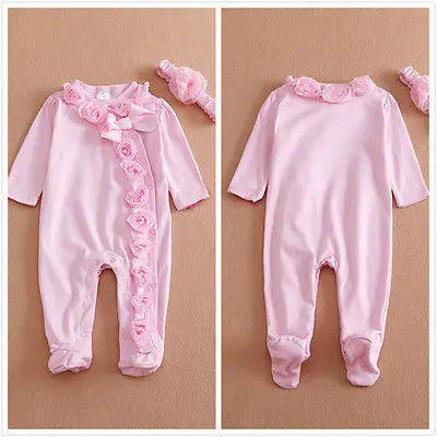 Babies Outfits  0~7M Long Sleeve Newborn Baby Girls Romper Jumpsuit Clothes Outfits Set Headband attached