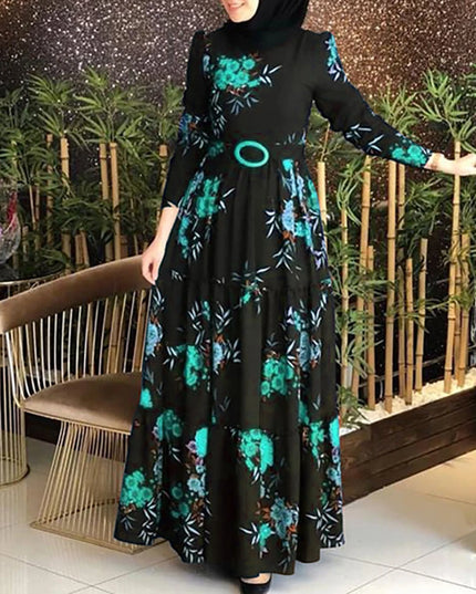 Dress Women Long Sleeve Muslim Abaya Dress Ethnic Floral Print Belt Maxi Kaftan Robe Satin Corset Long Sleeve Dresses