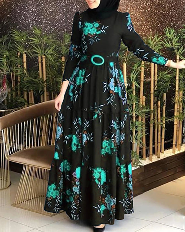 Dress Women Long Sleeve Muslim Abaya Dress Ethnic Floral Print Belt Maxi Kaftan Robe Satin Corset Long Sleeve Dresses