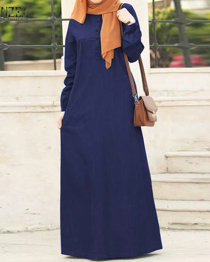 Dress Women Long Sleeve Solid Maxi Sundress Vintage Autumn Denim Blue Dress Casual Buttons Kaftan Vestido Muslim Dress Robe