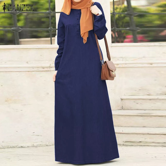 Dress Women Long Sleeve Solid Maxi Sundress Vintage Autumn Denim Blue Dress Casual Buttons Kaftan Vestido Muslim Dress Robe
