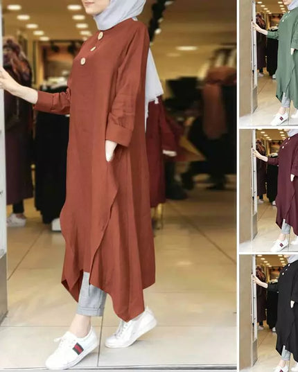 Tunic Vintage Women's Irregular Sundress 2023 Autumn Abaya Midi Dress Long Sleeve Vestidos Muslim Female Solid Button Robe