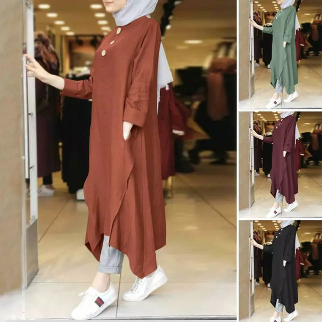 Tunic Vintage Women's Irregular Sundress 2023 Autumn Abaya Midi Dress Long Sleeve Vestidos Muslim Female Solid Button Robe