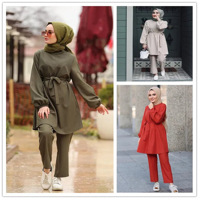 2 Piece Sets Fashion Muslim Sets Women Long Tops Islamic Sets Women Muslim Pants Ramadan Prayer Clothes 2 Piece Set Slim Waist 816