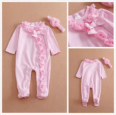 Babies Outfits  0~7M Long Sleeve Newborn Baby Girls Romper Jumpsuit Clothes Outfits Set Headband attached