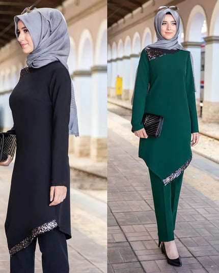 2 Piece Set Sequins Patch Designs Muslim Women Long Tops Islamic Sets Women Muslim Pants Ramadan Prayer Clothes 2 Piece Set 103028