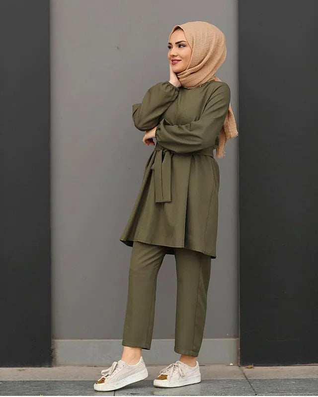 2 Piece Sets Fashion Muslim Sets Women Long Tops Islamic Sets Women Muslim Pants Ramadan Prayer Clothes 2 Piece Set Slim Waist 816