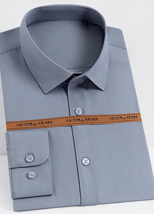 Men's Fashion Bamboo Fiber Long Sleeve Dress Shirts Pocket-less Design Standard-fit Formal Business Casual Easy Care Shirt