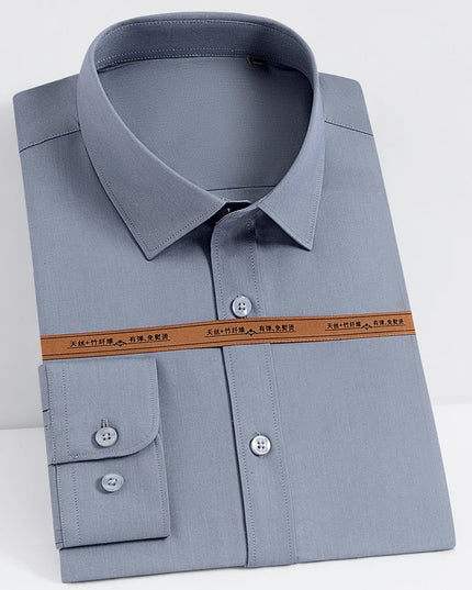 Men's Fashion Bamboo Fiber Long Sleeve Dress Shirts Pocket-less Design Standard-fit Formal Business Casual Easy Care Shirt