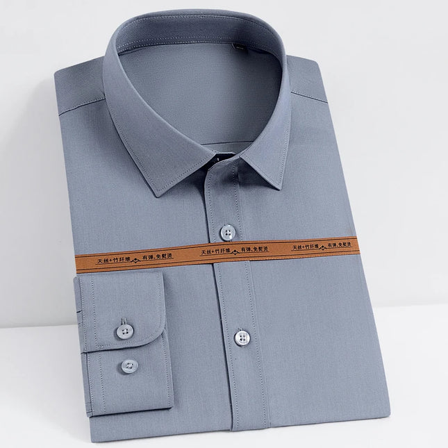 Men's Fashion Bamboo Fiber Long Sleeve Dress Shirts Pocket-less Design Standard-fit Formal Business Casual Easy Care Shirt