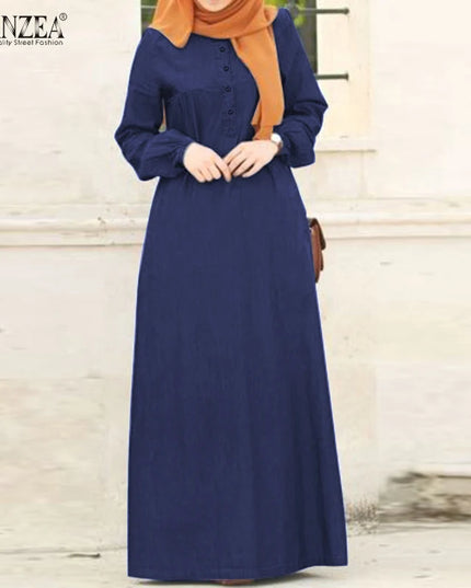 Dress Women Long Sleeve Solid Maxi Sundress Vintage Autumn Denim Blue Dress Casual Buttons Kaftan Vestido Muslim Dress Robe