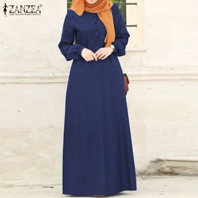 Dress Women Long Sleeve Solid Maxi Sundress Vintage Autumn Denim Blue Dress Casual Buttons Kaftan Vestido Muslim Dress Robe