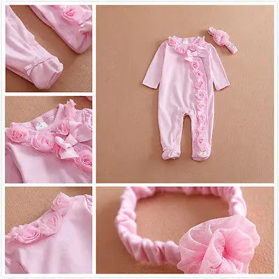 Babies Outfits  0~7M Long Sleeve Newborn Baby Girls Romper Jumpsuit Clothes Outfits Set Headband attached