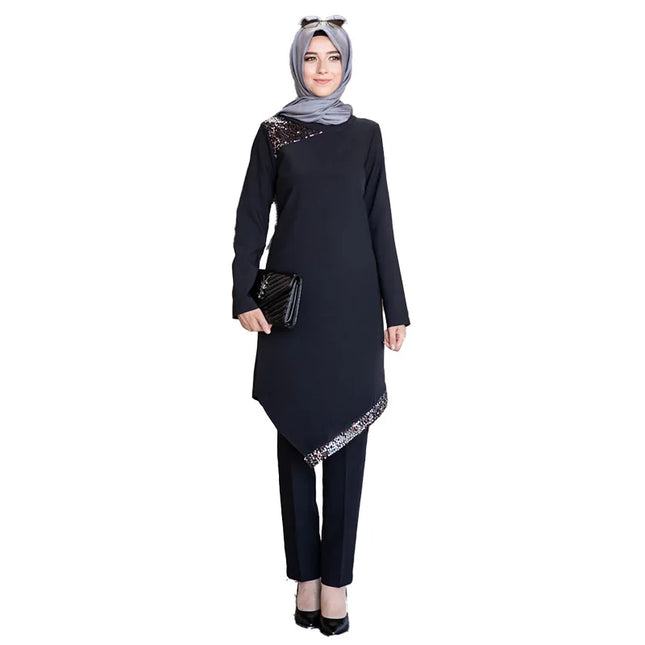 2 Piece Set Sequins Patch Designs Muslim Women Long Tops Islamic Sets Women Muslim Pants Ramadan Prayer Clothes 2 Piece Set 103028