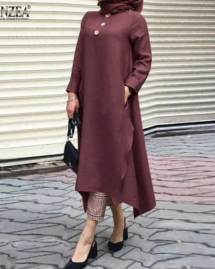 Tunic Vintage Women's Irregular Sundress 2023 Autumn Abaya Midi Dress Long Sleeve Vestidos Muslim Female Solid Button Robe