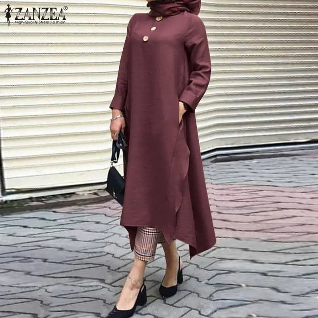 Tunic Vintage Women's Irregular Sundress 2023 Autumn Abaya Midi Dress Long Sleeve Vestidos Muslim Female Solid Button Robe