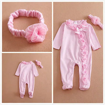 Babies Outfits  0~7M Long Sleeve Newborn Baby Girls Romper Jumpsuit Clothes Outfits Set Headband attached