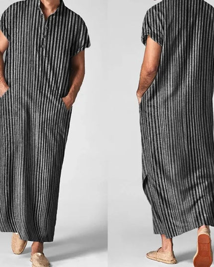 Men Tunics  Islamic Arabic Kaftan Striped Short Sleeve Casual Pockets Muslim Robes Cotton Saudi Arabia Dubai Men Jubba Thobe INCERUN 5XL