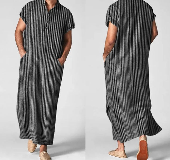 Men Tunics  Islamic Arabic Kaftan Striped Short Sleeve Casual Pockets Muslim Robes Cotton Saudi Arabia Dubai Men Jubba Thobe INCERUN 5XL