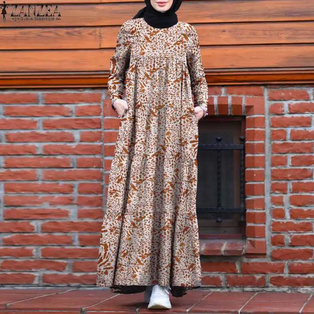 Dress Women Retro Printed Long Muslim Vintage Dubai Abaya Turkey Hijab Dress Autumn Sundress Robe Femme Vestido Kaftan