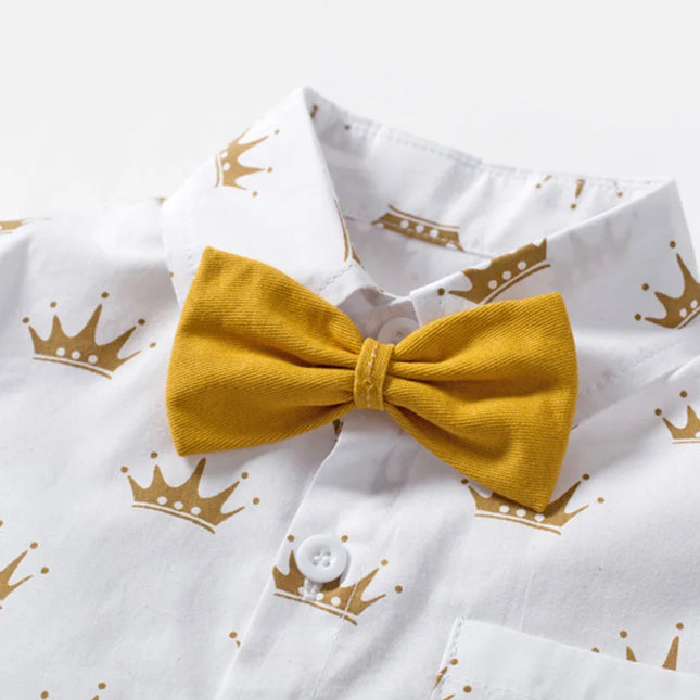 Babies outfits Boys Sets Clothing Summer Crown Print Polo T-Shirt White Shorts Yellow Bowtie Children's Clothing For Boy Kids Clothes Boys