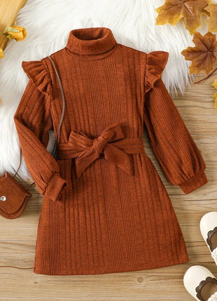 Kids outfits Girls' Woolen Dress 2023 New Children's Autumn Winter New High Neck Flying Sleeve Lace up Knitted Long Sleeve Dress