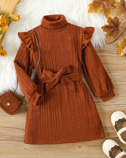 Kids outfits Girls' Woolen Dress 2023 New Children's Autumn Winter New High Neck Flying Sleeve Lace up Knitted Long Sleeve Dress