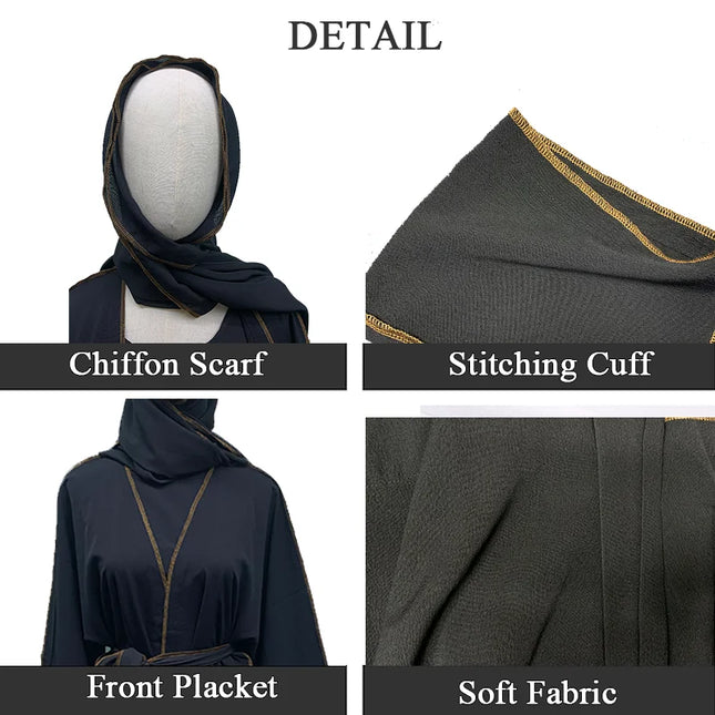 Dress Ramadan Muslim Open Abaya for Women Dubai Long Dress Four Pieces Muslim Sets Turkey Islamic Stitching Abayas with Belt Hijab