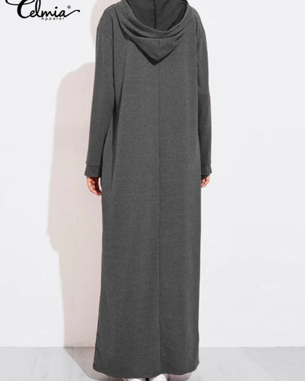 Dress Celmia 2023 Women Maxi Dress Autumn Fashion Vintage Hooded Dress Sweatshirt Winter Long Sleeve Hoodies Winter Vestido Robe Femme