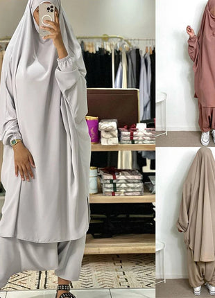 Jilbab-Prayer Set  with Pants 2 Piece Set Abaya Full Cover Khimar Ramadan Gown Abayas Islamic Niqab Burqa